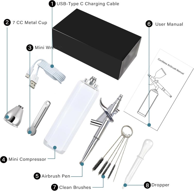 I-BEAUTEE high air Flow Cordless Airbrush Kit, Wireless Portable Air Brush Compressor, Rechargeable Mini Air Brush, Handheld Airbrush Gun for Barber, Model Painting, Nail Art, Makeup, Tattoo (White) - Image 3